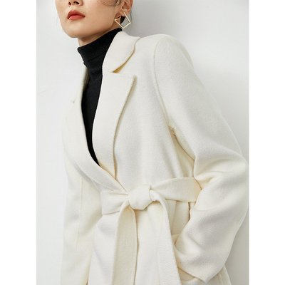 【型男會社】1104 OPH 白色水波紋雙面羊絨大衣女顯輕中長款氣質繭型羊毛呢子外套