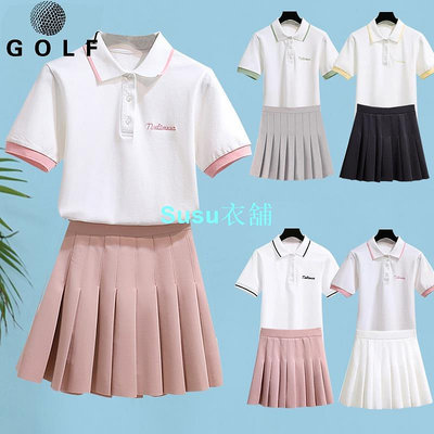 高爾夫球衣 韓國女裝 高爾夫女裝夏季高爾夫衣服女裝翻領短袖T恤上衣女士運動百褶裙短裙半身裙女