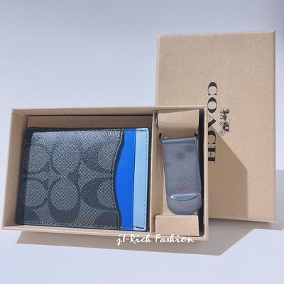 就愛精品店❤️ 禮物首選- COACH 黑灰色 PVC材質名片/金屬鈔票夾禮盒組 #CA004