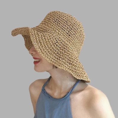 Women Beach Straw Dome Bucket Hat 女大沿草帽可折疊遮陽漁夫帽