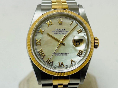 【黃忠政名錶】Rolex 勞力士 半金款 貝殼面盤DATE JUST 16233 W字序號 36mm 品相漂亮 錶帶無翻做等任何處理 附原廠1996保單