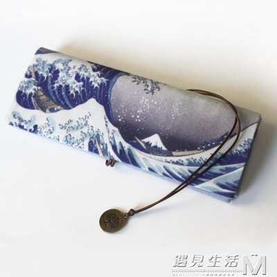 熱銷 神奈川沖浪里-日式筆簾摺疊筆袋棉麻帆布和風捲簾捆綁海浪