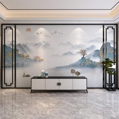 中式電視背景墻壁紙18d水墨山水墻紙壁畫輕奢客廳沙發影~特價精品  夏季
