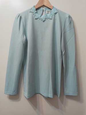 轉賣 東京著衣 YOCO 珍珠蕾絲領素色上衣 藍色M號