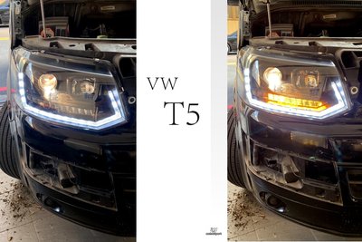 小傑車燈精品--全新 VW 福斯 T5 2010 年後 小改款 專用 類 T6 式樣 魚眼 大燈 跑馬方向燈 頭燈