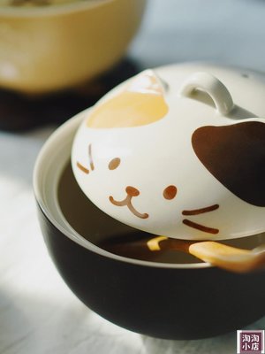 下殺 躲貓貓。出口日式餐具陶瓷帶蓋泡面碗可愛卡通家用米飯湯面蛋羹碗