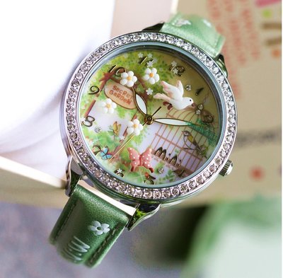 ♥PK漂亮♥ G18013 韓國mini祕密花園立體軟陶可愛小鳥花朵綠色學生少女小清新手錶