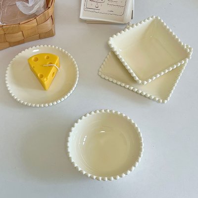 奶油色珠點碗碟 韓式ins風高顏值甜品碗酸奶碗創意蛋糕碟子批發