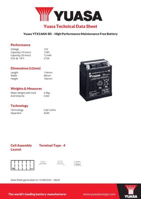 ☼ 台中苙翔電池 ► YUASA 湯淺 重型 機車電瓶 YTX14AH-BS Honda Kawasaki 印地安 電池