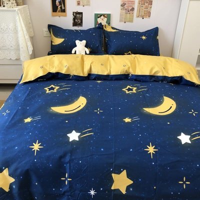 ins藍色星空磨毛四件套床上用品星星月亮床單被套學生宿舍三件套 床單 被套 枕套 床包 床笠 透氣