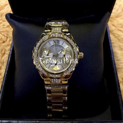 GUESS 晶鑽三眼時尚腕錶(金色W0111L2)正品
