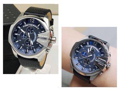Diesel MEGA CHIEF 藍色錶盤 黑色皮革錶帶 石英 三眼計時 男士手錶 DZ4423