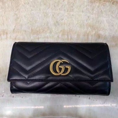 Gucci GG Marmont 山形紋黑色掀蓋 女用 長夾 皮夾 黑色 拉鍊 扣子 真皮 443436