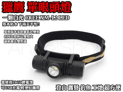 《天使小舖》獵鷹 單眼強光頭燈 CREE XM-L2 LED 18650鋰電池頭燈 可USB充電 露營 登山 工作燈
