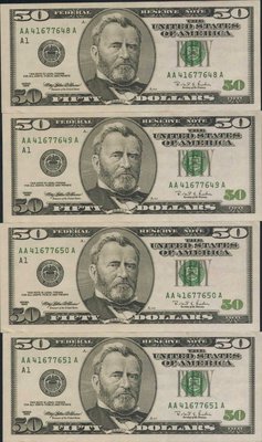 [亞瑟小舖]1996年美國總統格蘭特50 Dollars美金(綠徽)4張趣味連號41677648-651全新微折!!!
