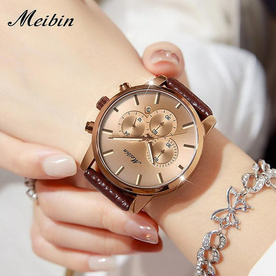 手錶 機械錶 石英錶 男錶 美賓品牌六針手錶真皮防水時尚腕錶石英女錶休閑皮帶手錶女