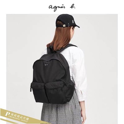 雅格時尚精品代購agnes.b  簡約時尚 精緻品牌標誌 熱銷款黑色尼龍後背包 日本代購