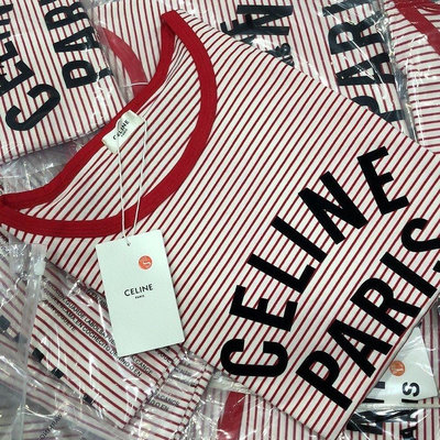 新店促銷 CELINE Lisa同款 立體植絨字母條紋短袖T恤