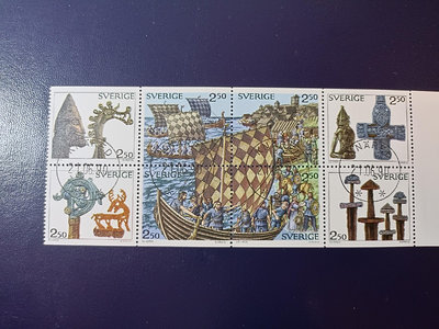 二手 瑞典1990年海盜時代遺產.船.神像 8全連蓋銷票 ，斯拉尼 郵票 郵品 紀念票【天下錢莊】25