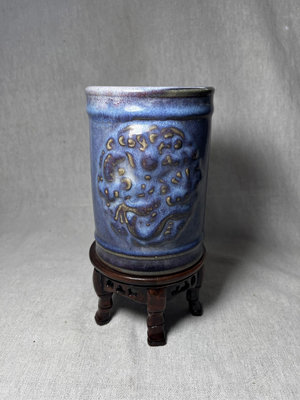 早期收藏老件瓷器藍紫色窯變鈞窯花卉紋筆筒藝術擺件