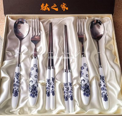 現貨熱銷-純鈦筷子調羹勺子叉子餐具套裝六件套套盒鈦合金瓷器手柄中式餐具