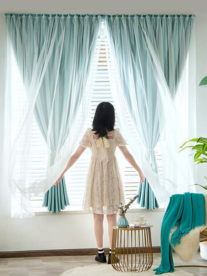 雙層帶紗遮光窗簾ins風臥室全遮光免打孔魔術貼簡易安裝遮陽窗簾