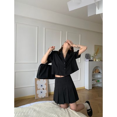 十三辣妹短款西裝女2022夏季韓版復古短袖小西服外套短裙短褲套裝
