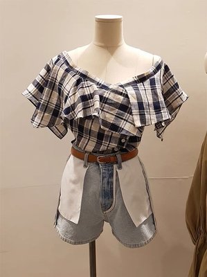 韓國夏季✨荷葉邊格子露肩短袖上衣