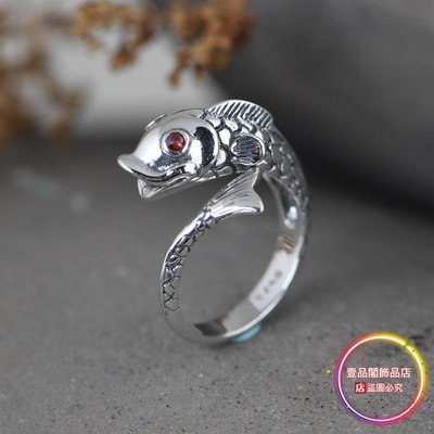S925銀復古開口均鯉魚戒指時尚手飾女飾品指環