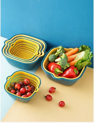 多功能雙層水果籃便攜廚房塑膠鏤空瀝水籃家用淘米洗菜蔬菜瀝水籃 滴水籃 收納籃