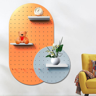 新款創意拱形洞洞板彩色圓形木質置物架北歐客廳裝飾收納墻沙發背景墻-阿英