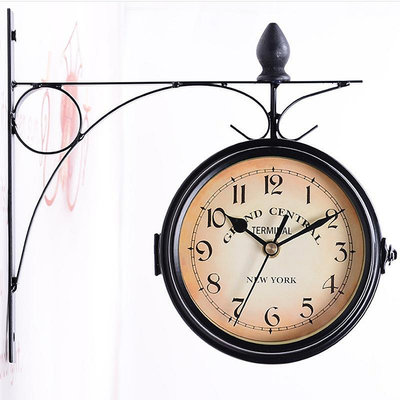 現貨創意擺件歐式仿古鐵藝鐘表家用創意雙面掛鐘客廳復古時鐘掛墻簡約掛表大號