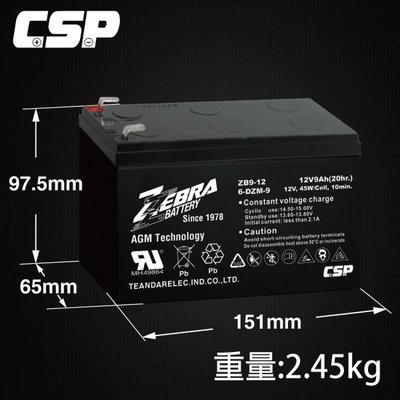 ✚中和電池✚ 超強勁 斑馬電池 ZEBRA ZB9-12 12V9Ah WP1236W HR1234W REW45-12