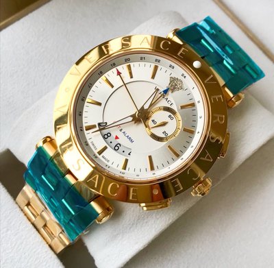 VERSACE V-Race GMT Alarm 白色面錶盤 金色不鏽鋼錶帶 石英 男士手錶 29G70D001S070 凡賽斯腕錶