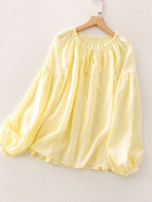 🌸Angela🌸鵝黃色肌理感撚褶圓領長袖寬鬆襯衫 (30603)