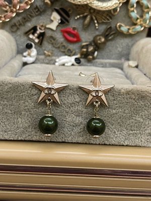 CHANEL 香奈兒 復古 經典 五角星 垂墜 墨綠珍珠 造型 耳環