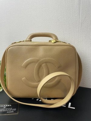 Chanel vintage米色荔枝皮大logo化妝包手提包