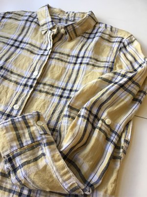 日本買回 global work麻質黃藍白格長袖襯衫（三件九折免運）