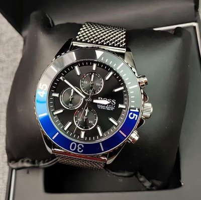 HUGO BOSS Ocean Edition 黑色錶盤 銀色不鏽鋼米蘭編織網狀錶帶 石英 三眼計時 男士手錶1513742