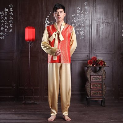 高雄艾蜜莉戲劇服裝表演服*韓服*傳統朝鮮男士韓服-桔金色-購買價$900元/出租價$400元