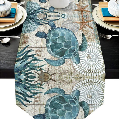 批發 批發 現貨跨境亞馬遜熱賣綠色復古海洋系列桌旗歐式簡約亞麻桌巾桌布
