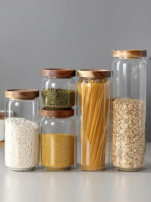 高硼硅玻璃密封罐木蓋子廚房五谷雜糧收納盒儲物瓶儲存罐~菜菜小商鋪