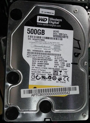 WD黑標SATA硬碟 500GB WD5002ABYS-02B1B0 7200RPM 500G 7200轉3.5吋硬碟