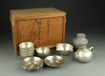 【日本古漾】211602日本老件錫製 煎茶器揃 薩摩錫   全套煎茶道具 箱付