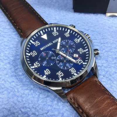 MICHAEL KORS MK-8362 三眼計時腕錶藍色錶盤不鏽鋼咖啡色皮錶帶| Yahoo奇摩拍賣