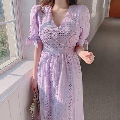 韓國💜浪漫紫 V領蕾絲蝴蝶結短袖洋裝