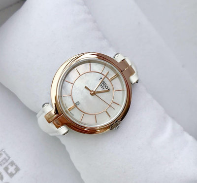 TISSOT Flamingo 珍珠貝母錶盤 白色皮革錶帶 石英 女士手錶 T0942102611101