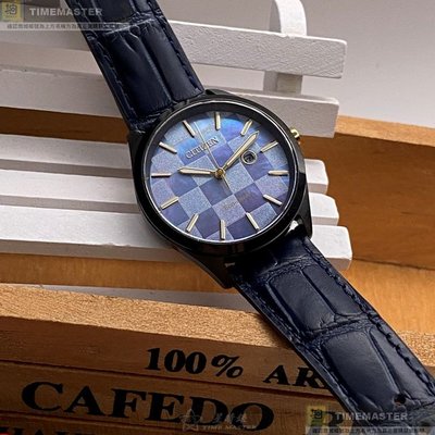 CITIZEN手錶,編號CI00012,34mm黑圓形精鋼錶殼,藍紫色蘇格蘭方格紋錶面,寶藍真皮皮革錶帶款