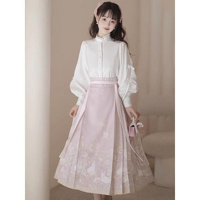 【潮派衣櫥】日常可穿漢服套裝 粉色印花馬面裙 薄款新中式國風 高腰A字半身裙 裙裝