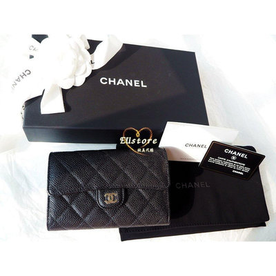 直購#Chanel香奈兒經典coco信封式三折中夾（黑色荔枝牛皮＋香檳淡金扣）皮夾